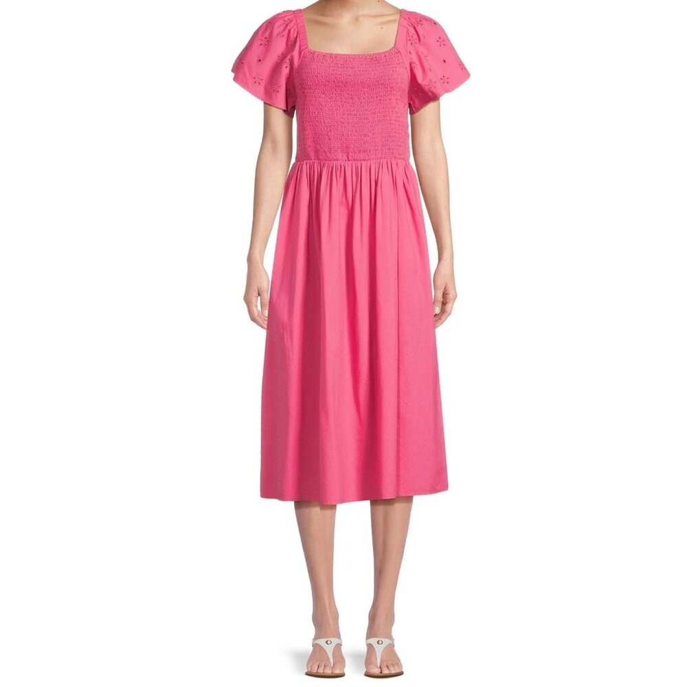 Beachlunchlounge Women's Smocked Midi Dress‎ with Short Eyelet Sleeves sz Large